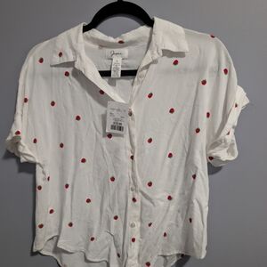 White Button-Up Shirt with Red Strawberry Print